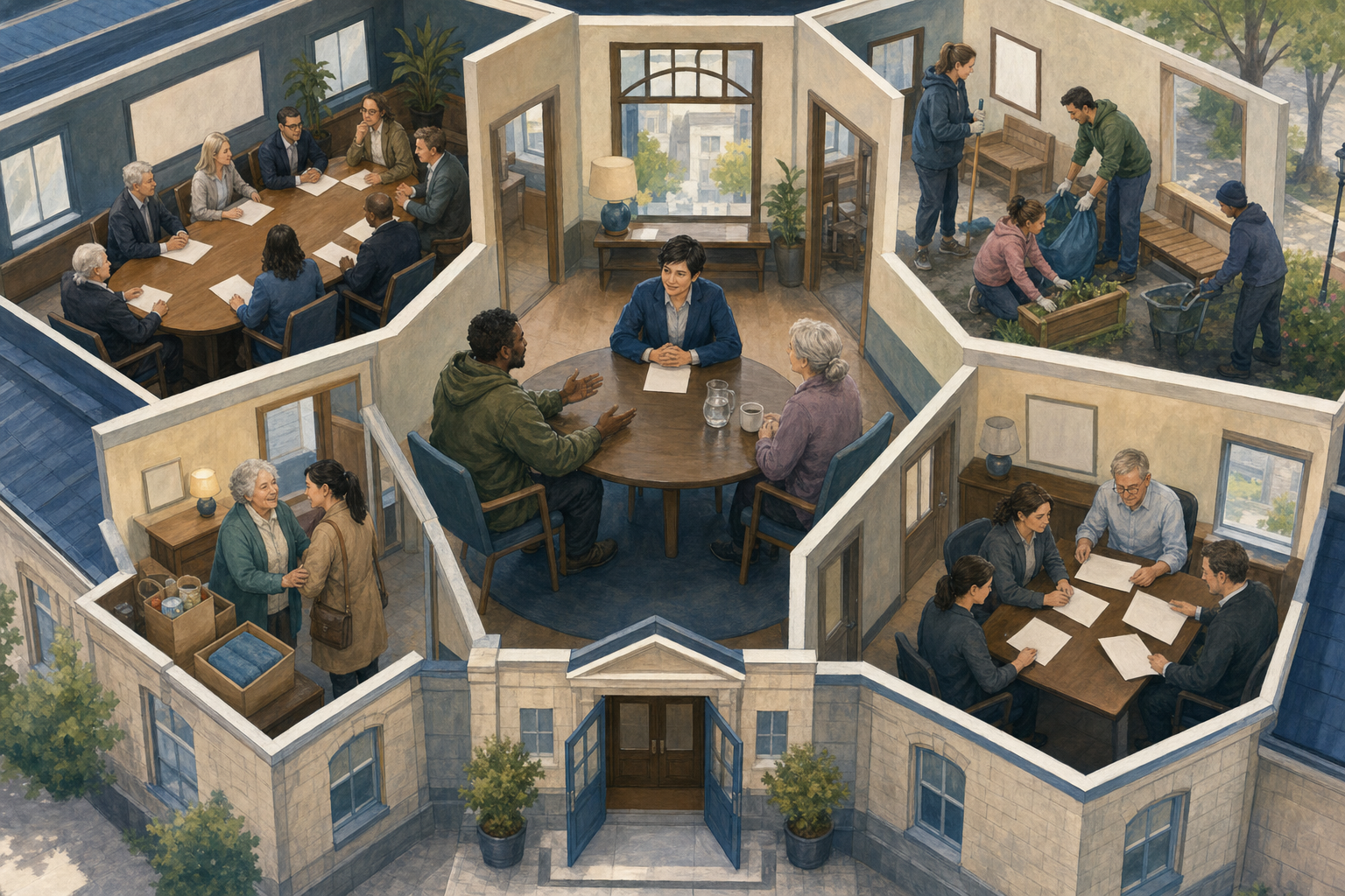 Cutaway illustration of a municipal office with a young civic representative meeting residents alongside scenes of committee work, volunteering and public administration.