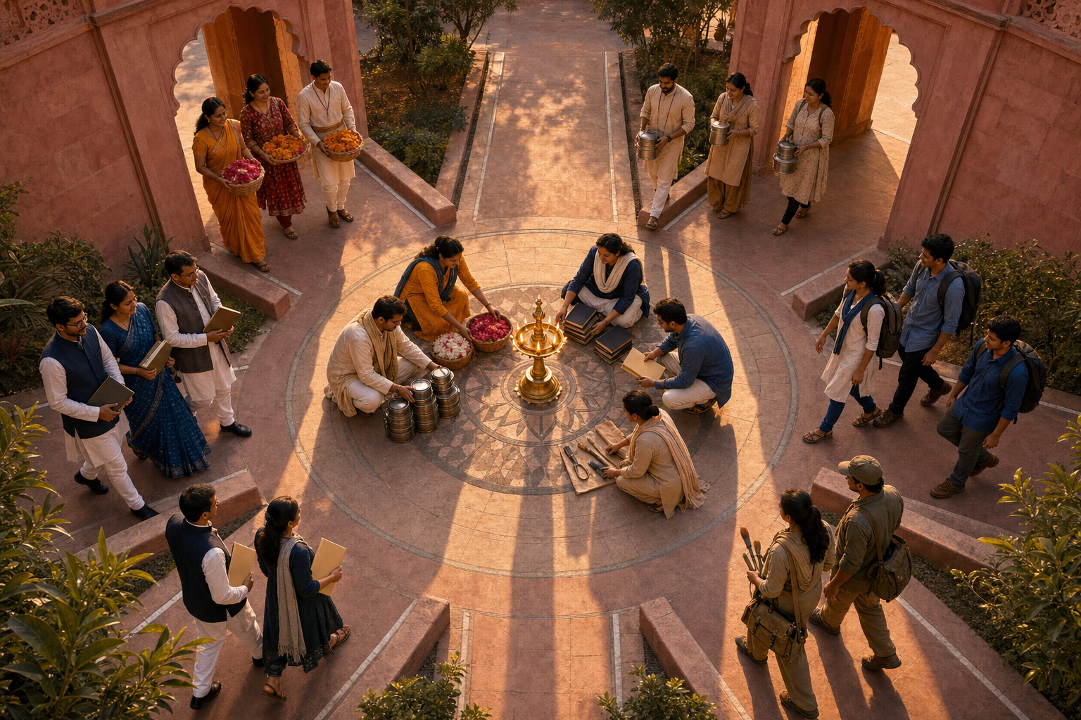 Six groups of community workers bring different resources into a shared Rajasthani courtyard centred on a brass oil lamp.