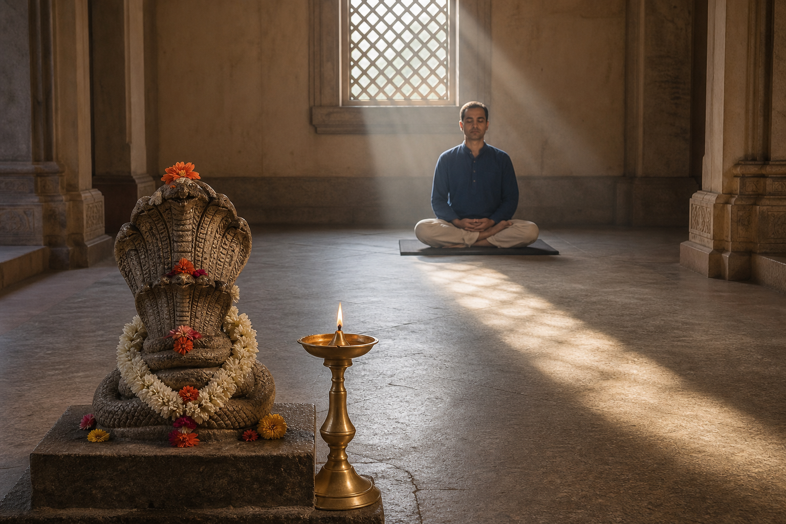A person meditates behind a flower-adorned naga shrine as two paths of window light cross the quiet room.