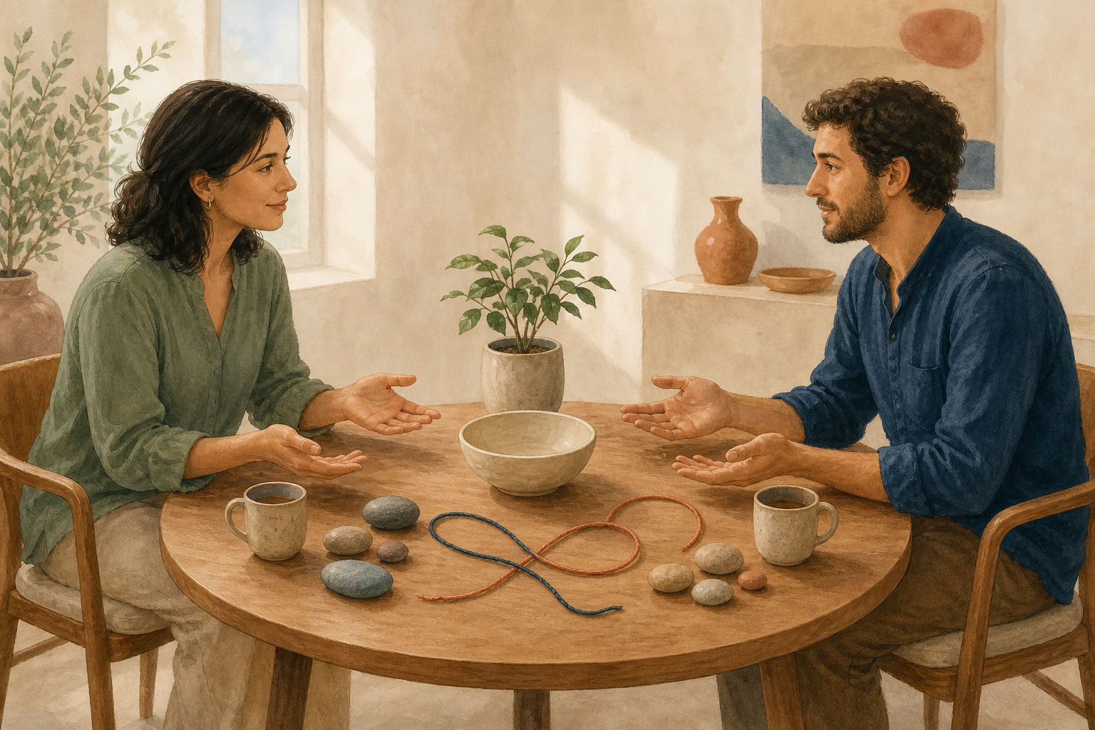 Two adults sit with open hands at a round table holding cups, stones, an empty bowl, a plant, and two overlapping lengths of thread.