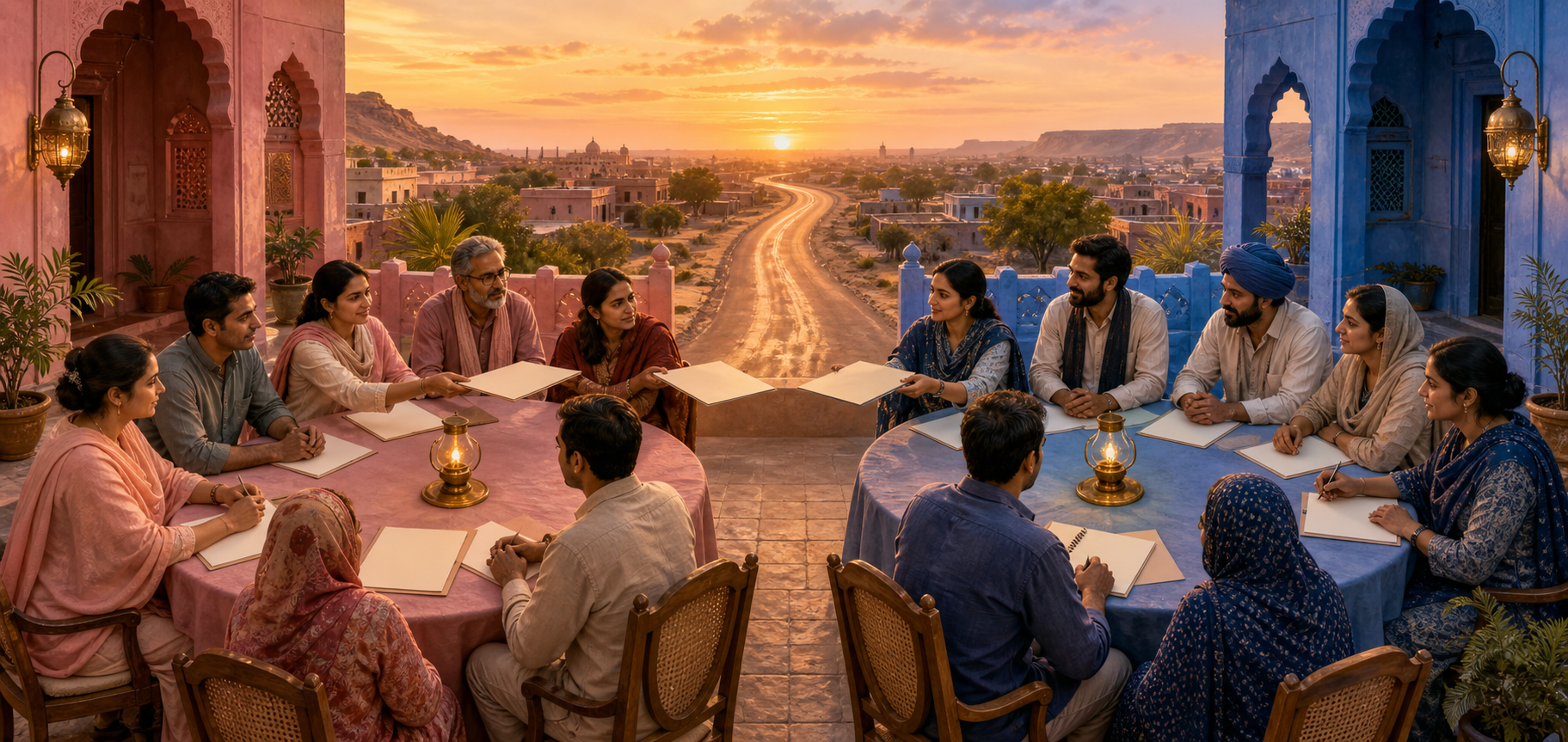 Equal-sized community meetings in pink Jaipur and blue Jodhpur courtyards are visually connected by a desert road and evening light.