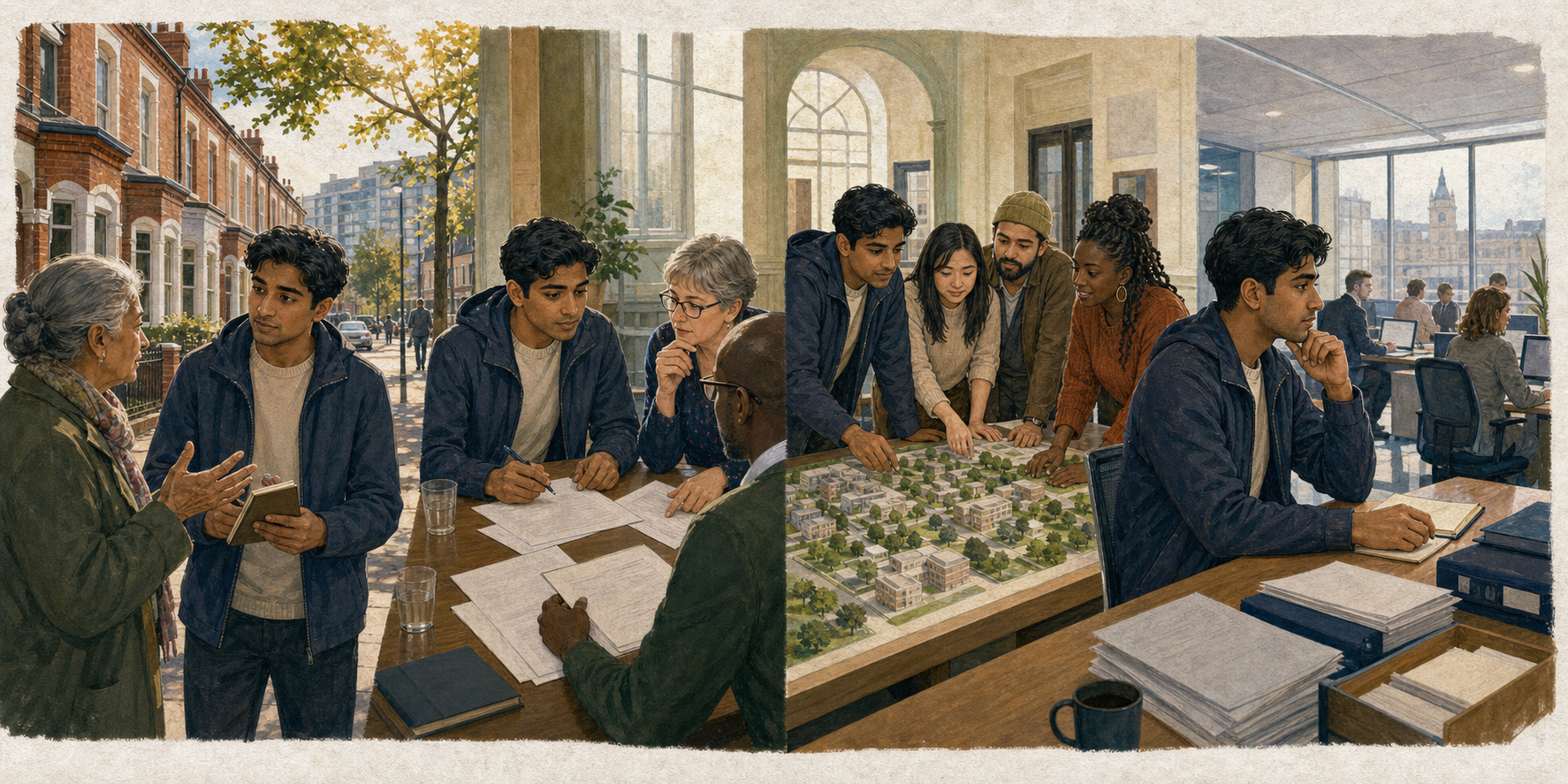 Sequential illustration of a fictional young British-Indian volunteer progressing from neighborhood listening and committee work to cross-community planning and government policy experience.