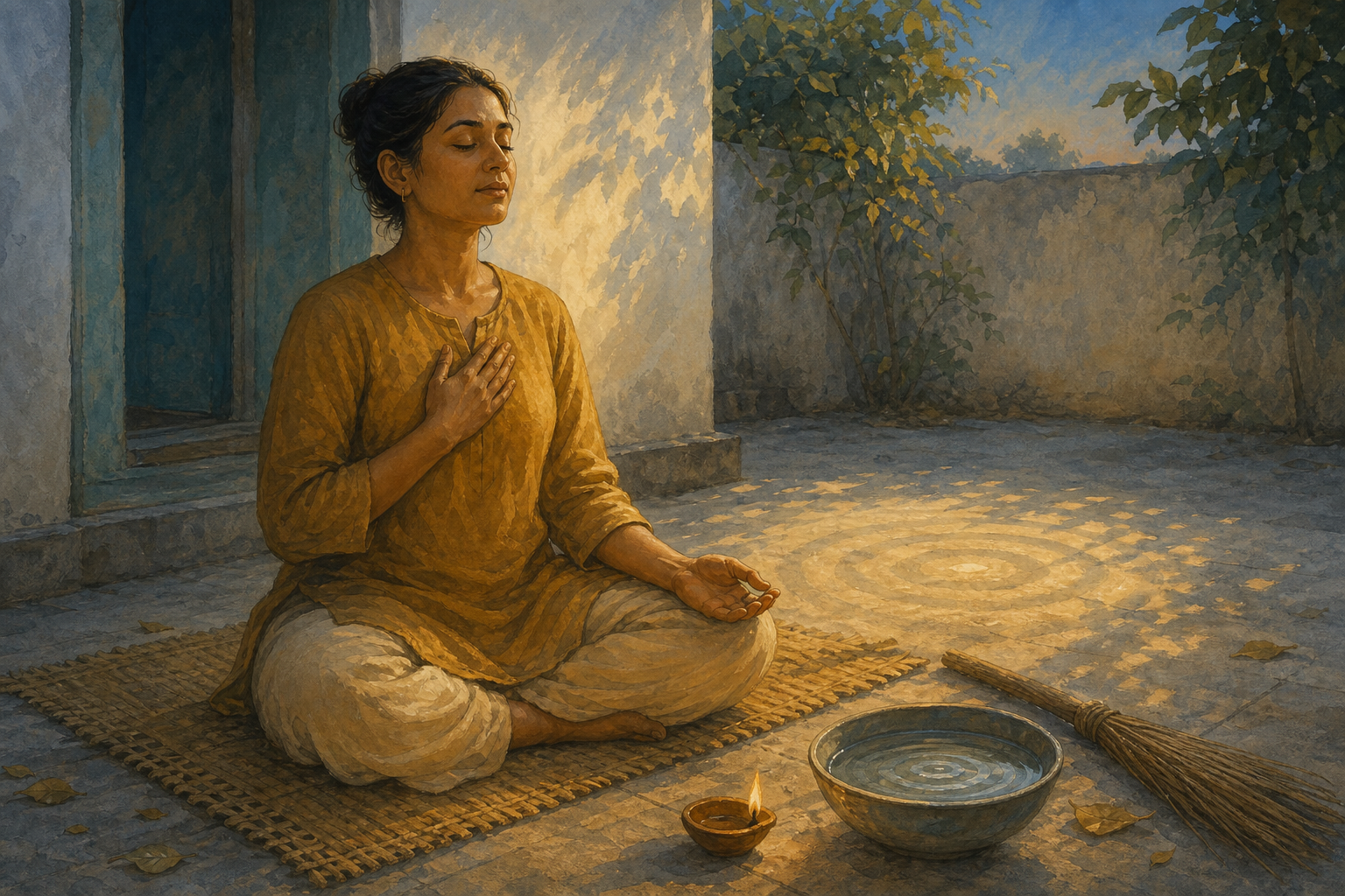 An adult meditates in a quiet courtyard beside an oil lamp, a bowl of water, fallen leaves, and a broom in the early morning light.