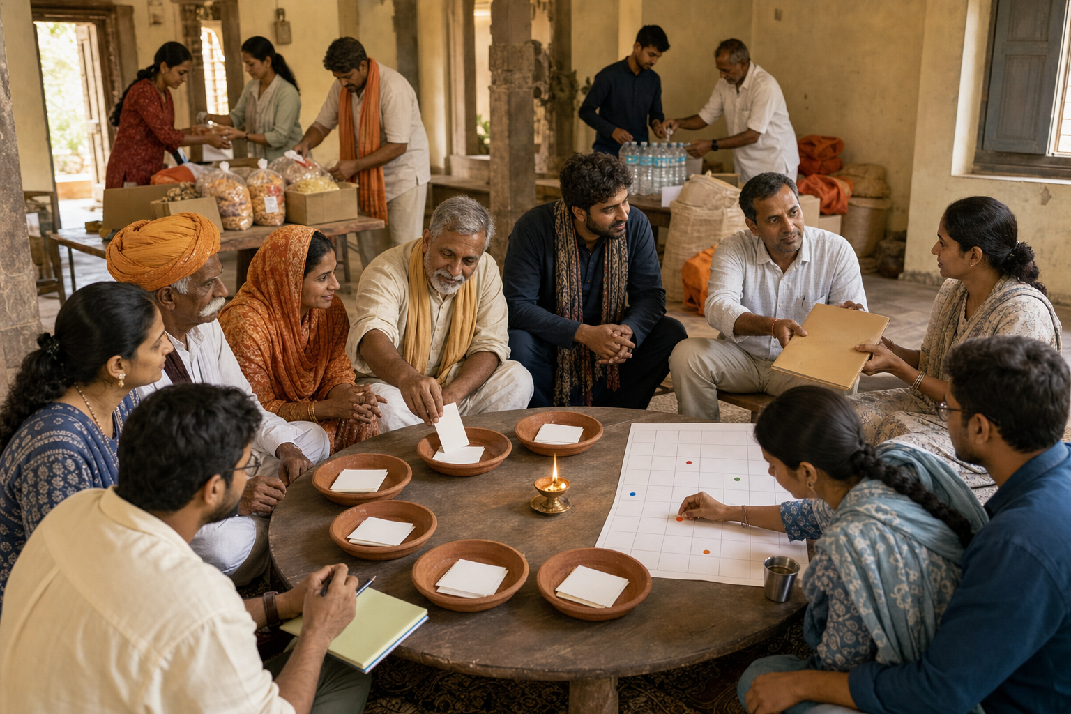 Community organisers record commitments with blank cards and folders while volunteers prepare service supplies in a Rajasthan meeting hall.