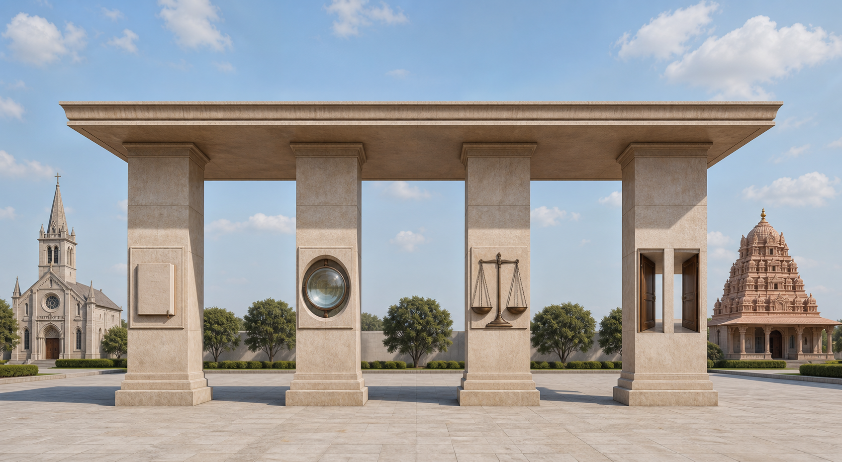 Four stone pillars support a civic canopy between equally framed church and temple grounds, with objects suggesting evidence, balance, and equal access.