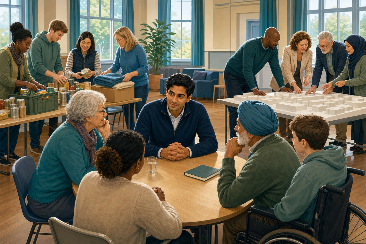 Illustration of a fictional young civic leader listening to residents while volunteers and council colleagues coordinate community work nearby.