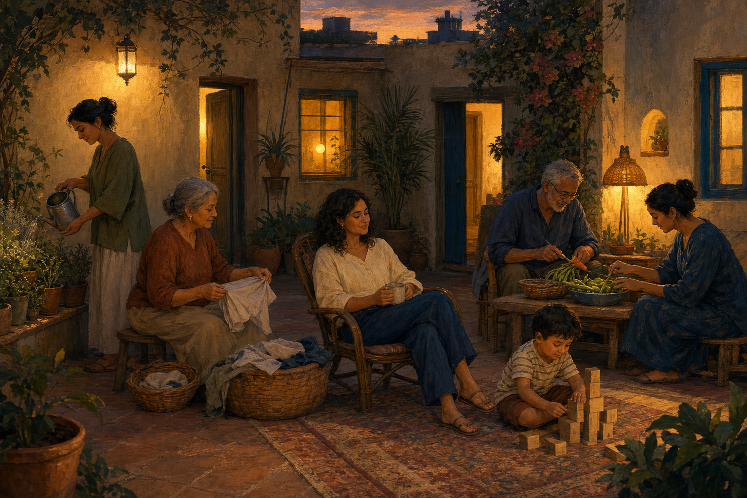 A multigenerational group spends a relaxed evening in a courtyard while one adult sits with tea and remains included as others do simple household activities.