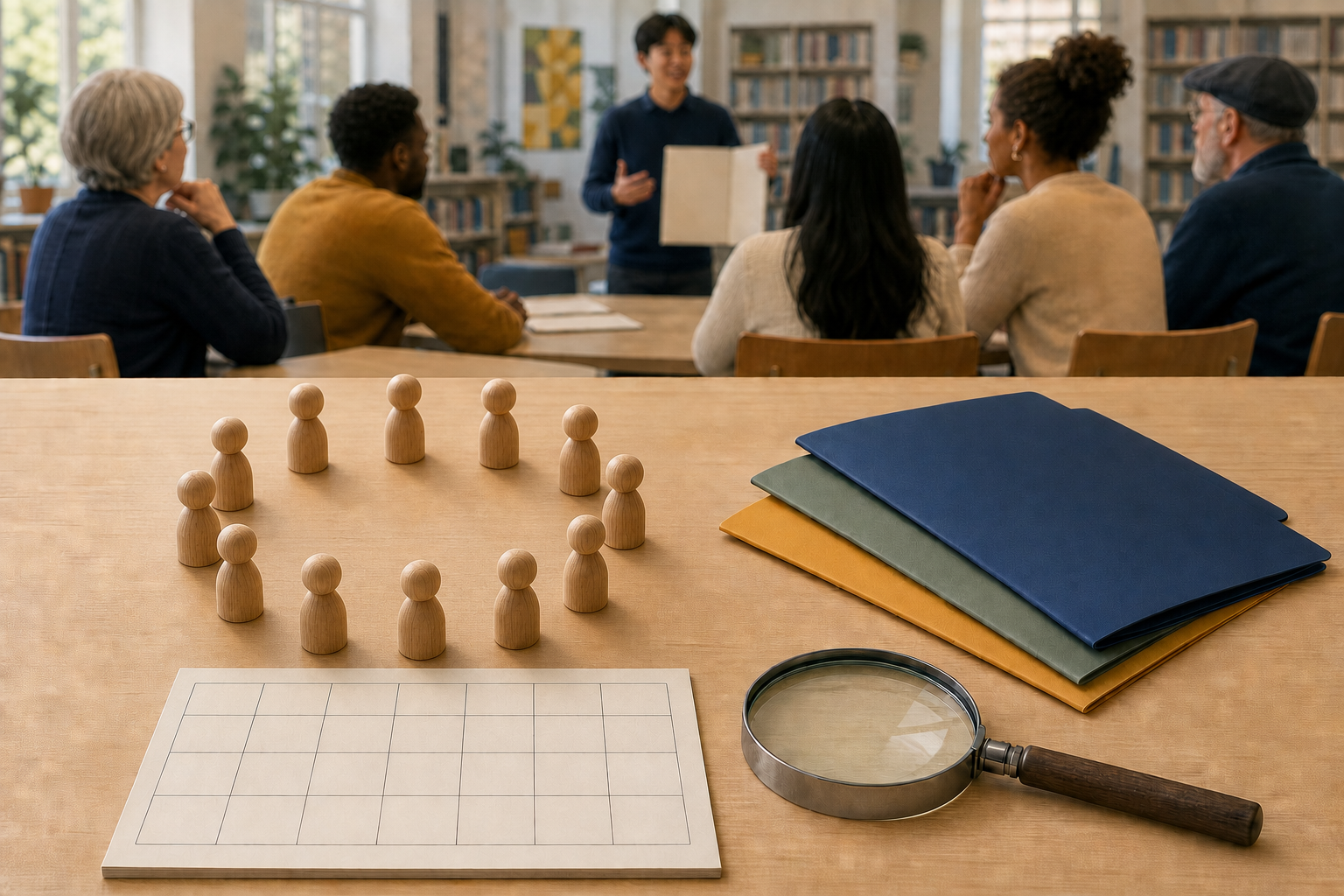 Illustration of twelve blank wooden markers, empty folders and an unmarked calendar on a public meeting table as residents gather in the background.