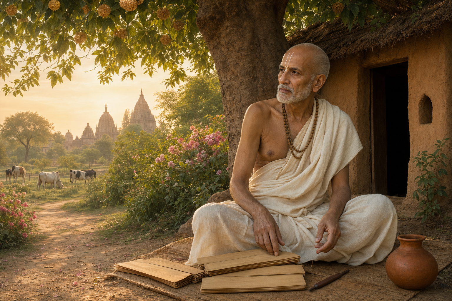 An elderly Vaishnava renunciant sits beneath a tree beside palm-leaf folios and a clay water pot in the rural landscape of Vraja.