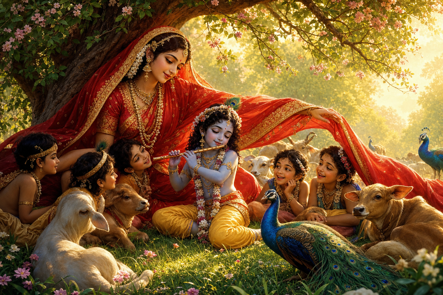 A red-and-gold goddess watches protectively as child Krishna plays the flute among calves, peacocks, and children beneath a flowering tree.