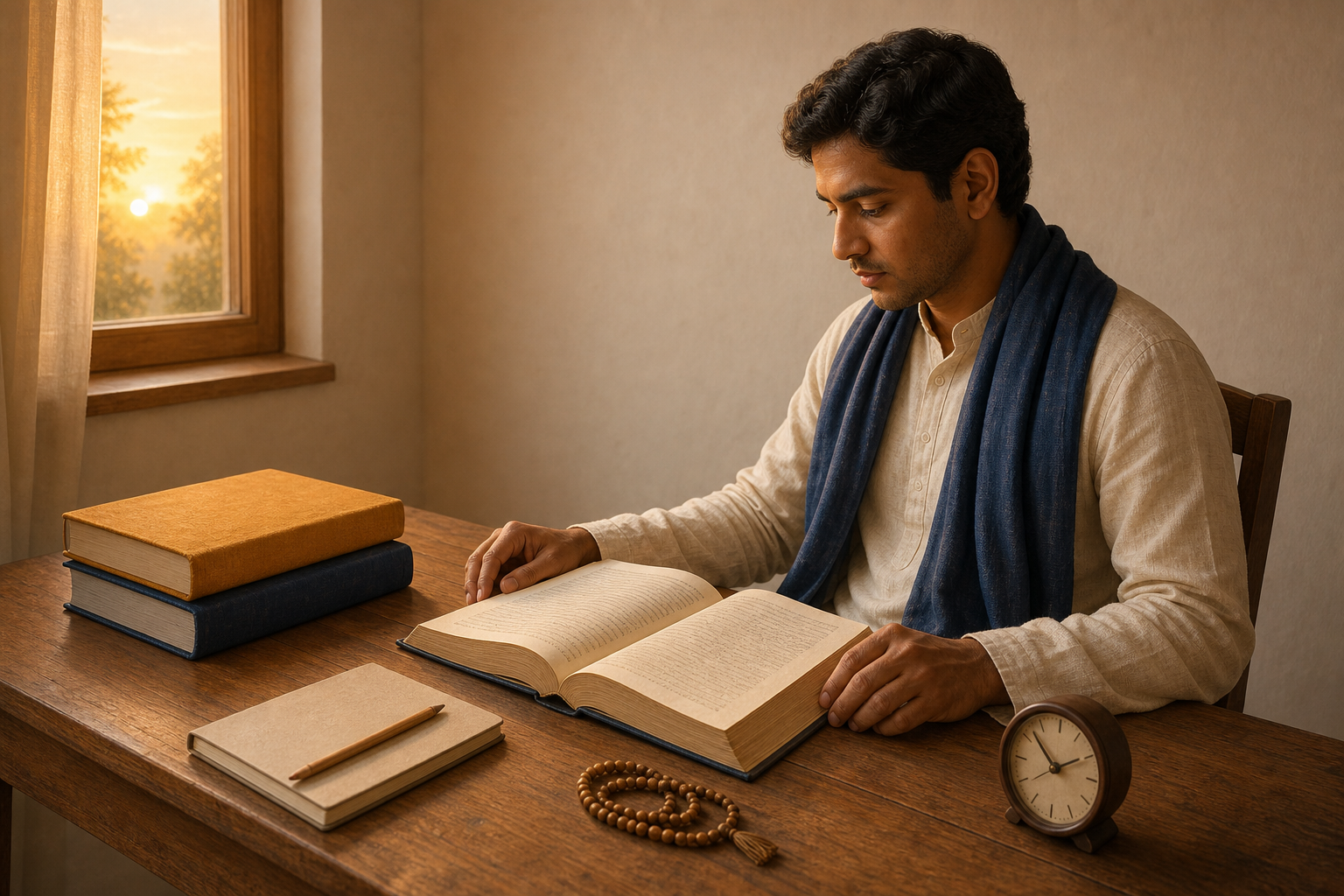 A reader sits attentively at a wooden desk with an open sacred volume, a notebook, prayer beads, and additional clothbound books in soft morning light.