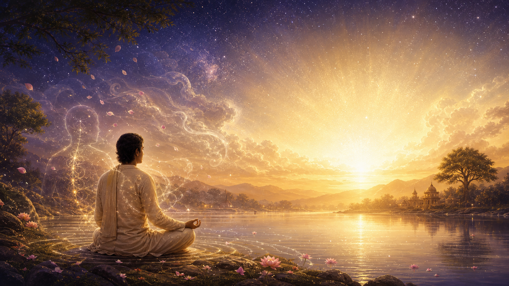 A seeker meditates beside a river at dawn as translucent human forms and drifting petals dissolve around a steady golden light that fills the landscape and sky.