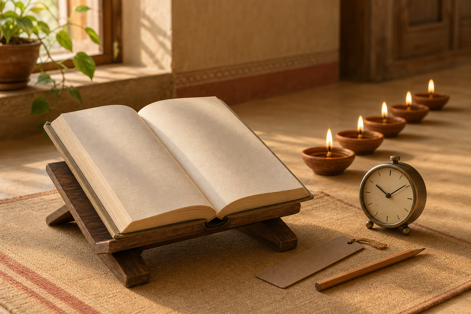An open clothbound volume, bookmark, pencil, and analog clock sit before a row of evenly glowing oil lamps.