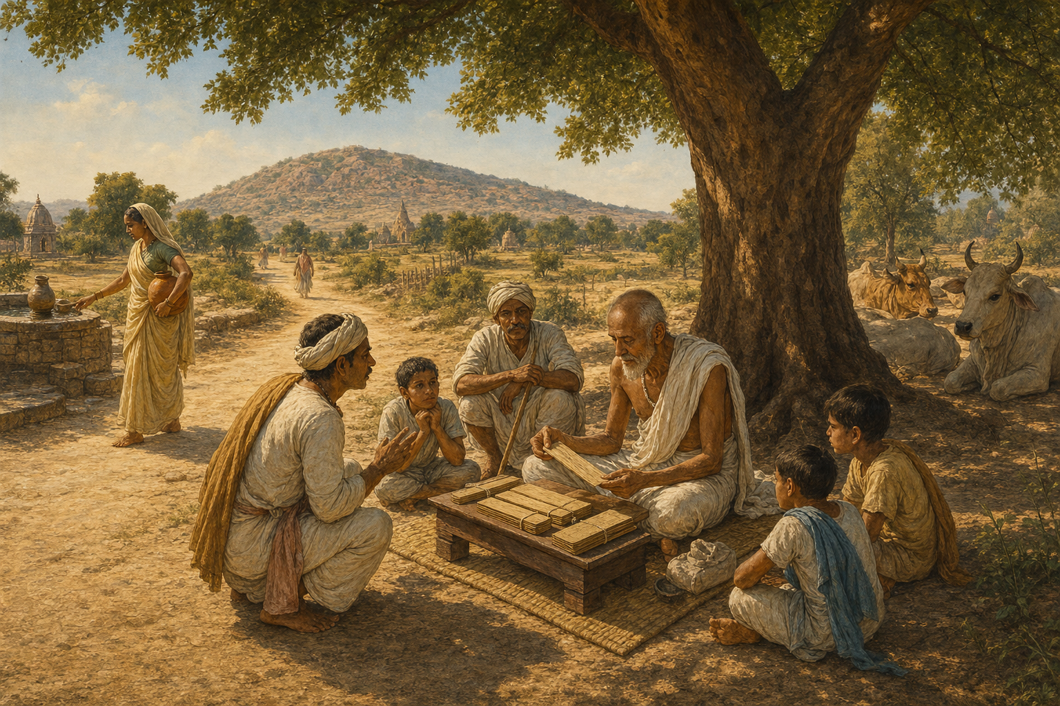 Sanatana Goswami studies palm-leaf manuscripts under a tree while pilgrims and village families gather near a path below Govardhan.
