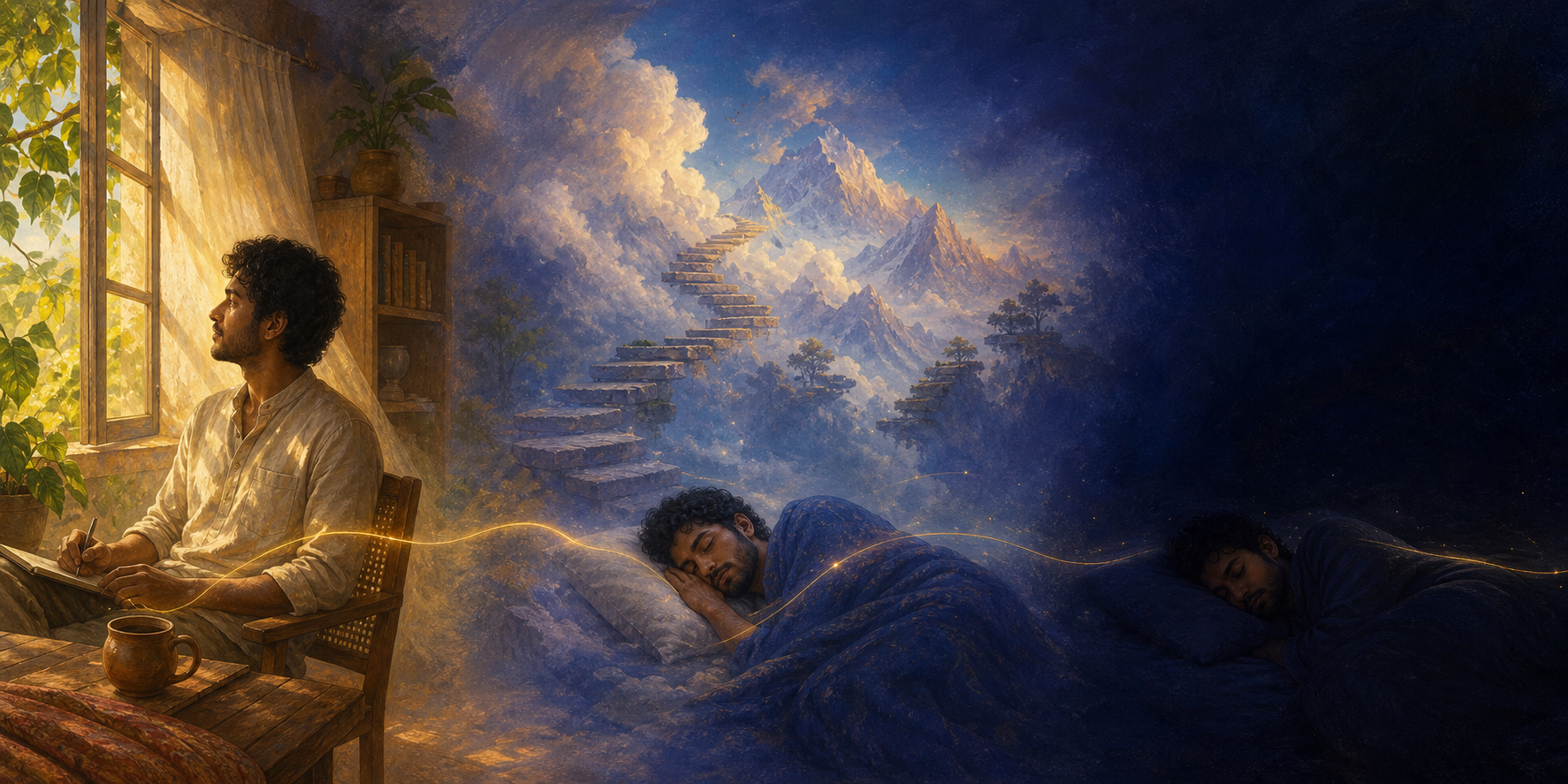The same person appears awake in a sunlit room, dreaming in a floating landscape, and sleeping in deep darkness, while one golden light continues through all three scenes.