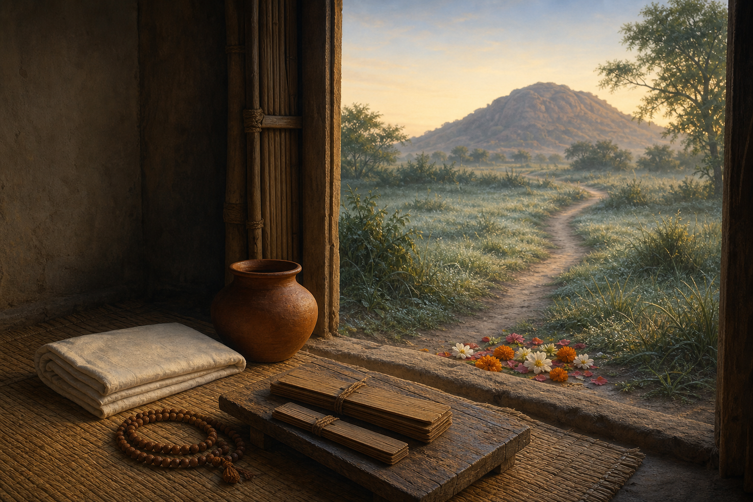 An empty devotional hut at dawn contains a woven mat, prayer beads, a water pot and closed manuscript bundles, with flowers at the doorway and Govardhan beyond.