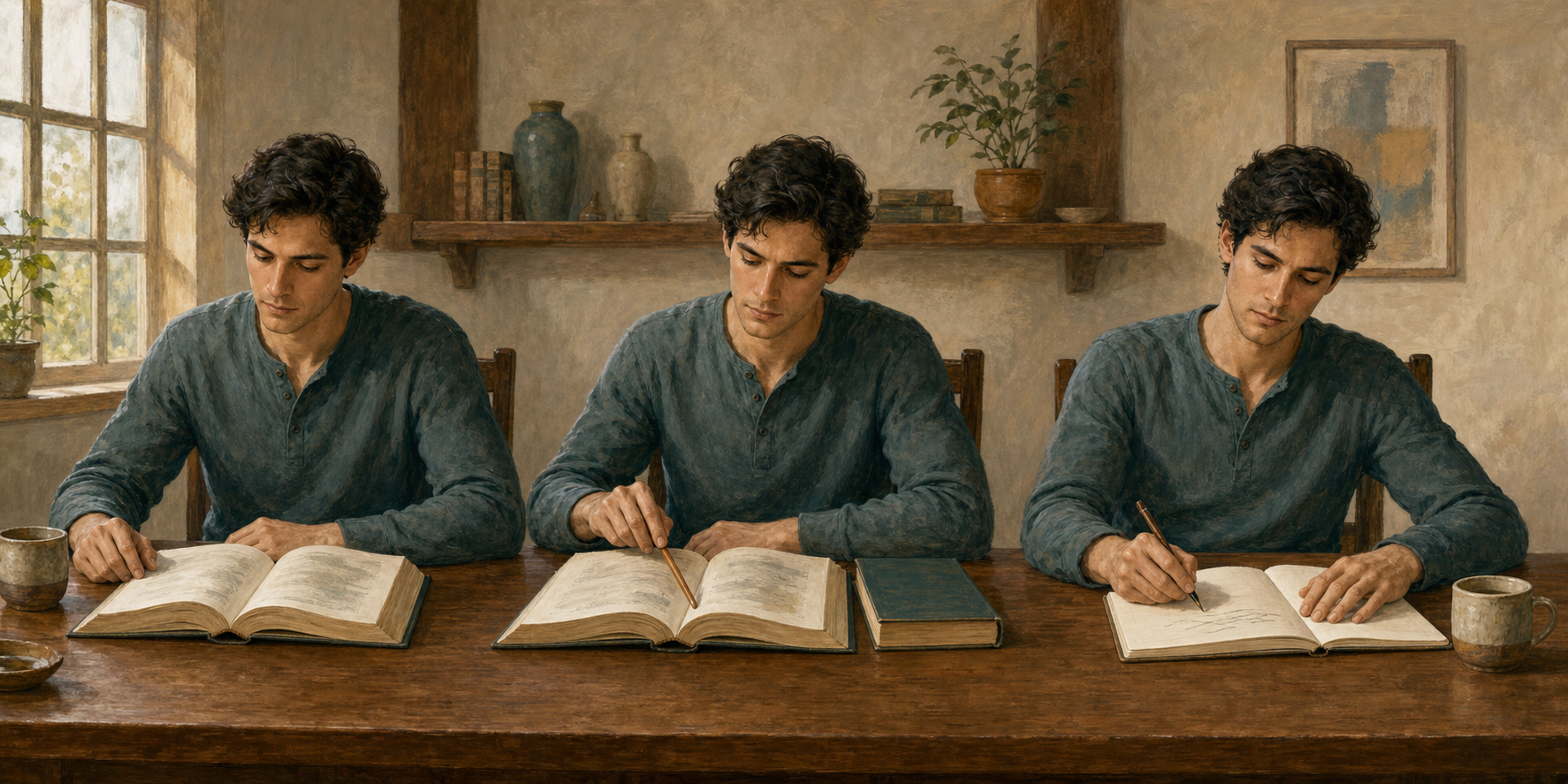 Three adjacent moments show the same reader surveying a passage, examining it closely, and then recording a reflection.