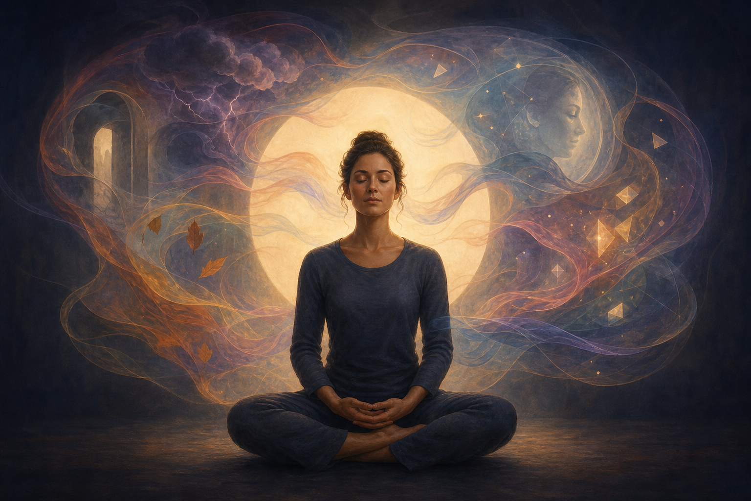 A motionless meditator sits before a steady circle of golden light while translucent ribbons and fragments swirl around the head like changing thoughts and emotions.