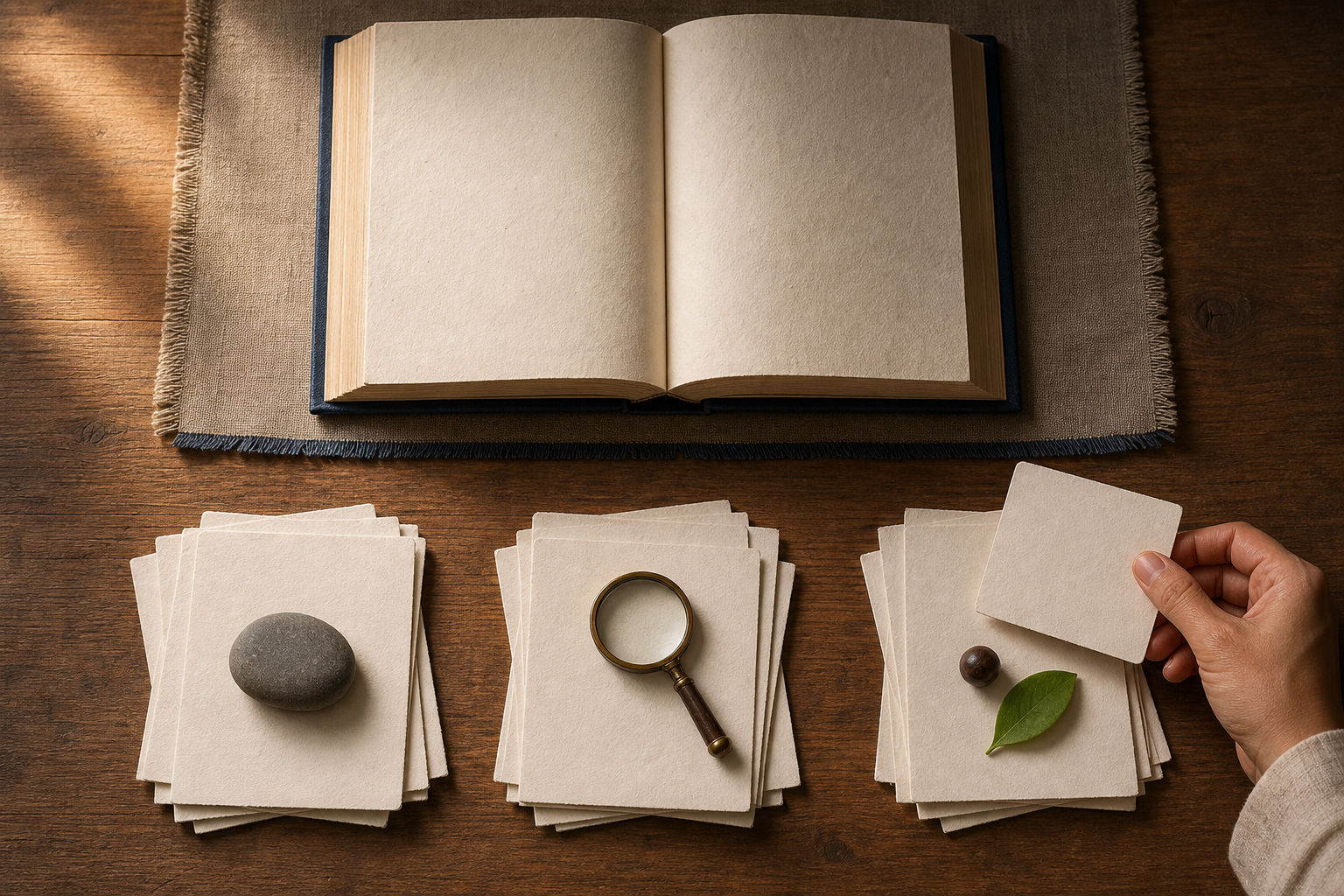An open volume lies above three groups of blank note cards marked by a stone, a magnifying lens, and a prayer bead with a leaf.