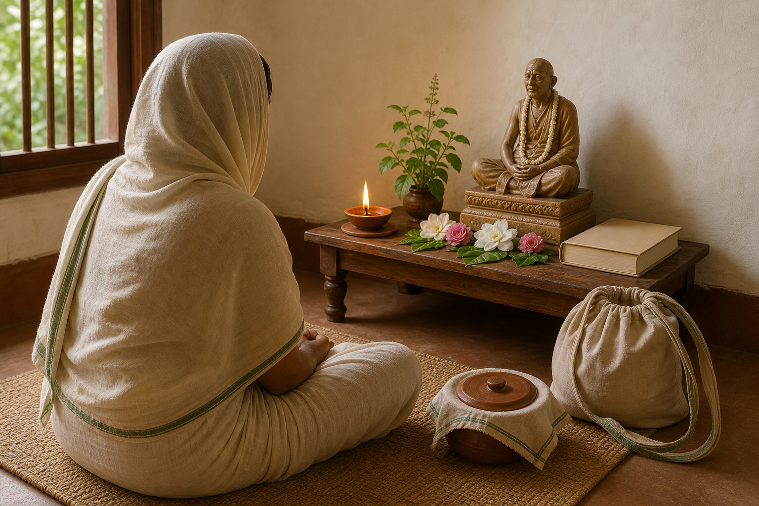 A devotee offers a lamp, flowers and tulasi leaves at a small home altar beside a closed book, a pilgrimage bag and food prepared for sharing.