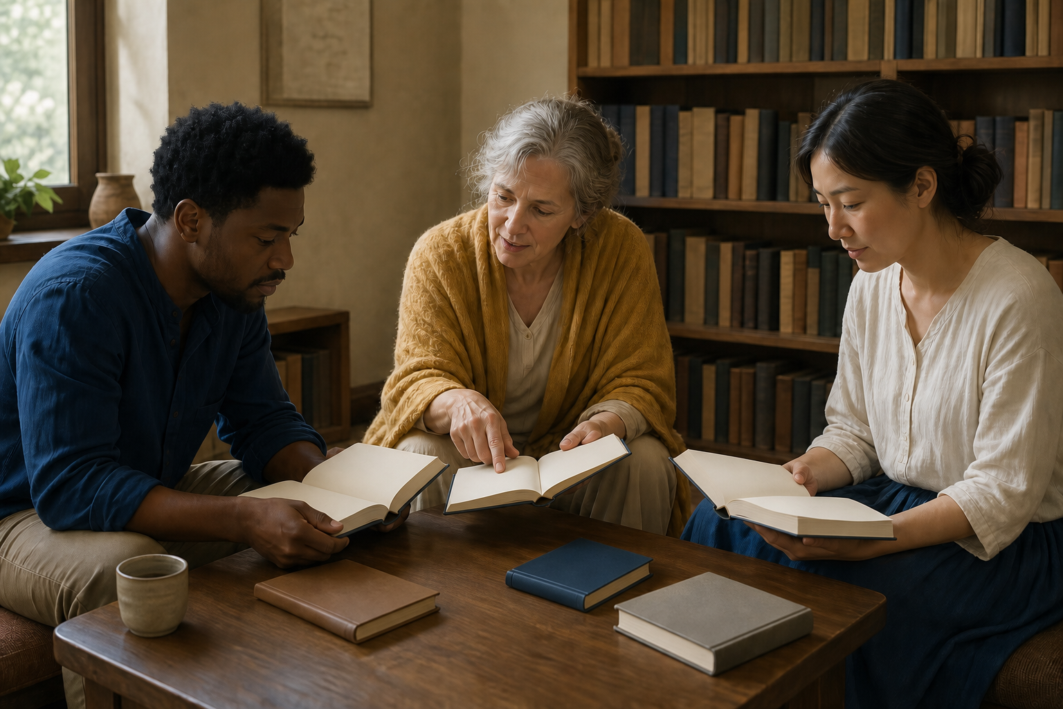 Three adults study open clothbound volumes together while one reader gestures toward a passage and the others follow in their own books.