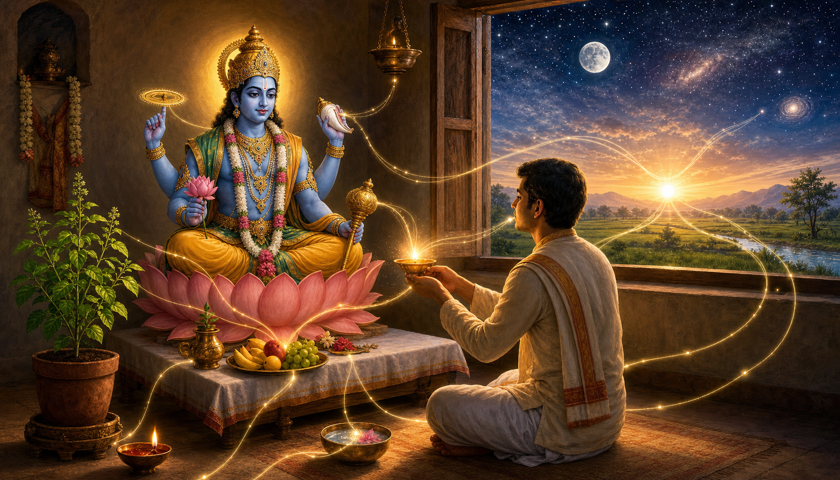 A devotee offers a lamp, water, fruit, and flowers at a home shrine of four-armed Narayana as golden threads extend from the offering into nature and the distant cosmos.