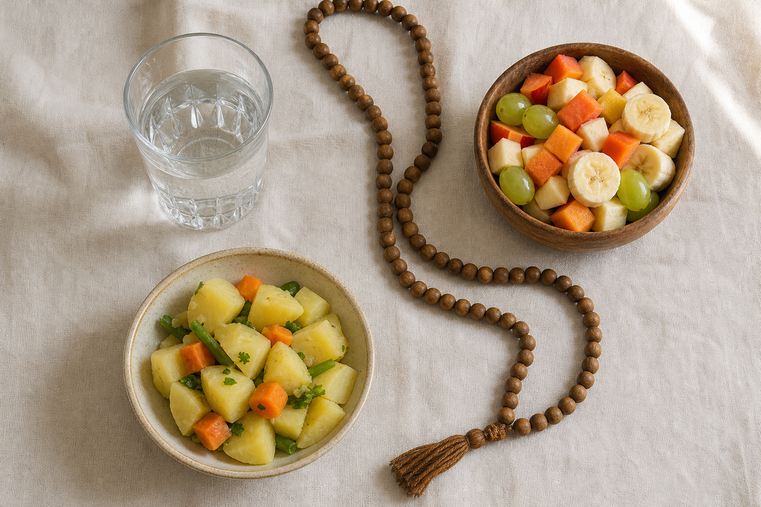 An overhead arrangement of water, fresh fruit, a simple potato-and-vegetable dish, and wooden prayer beads on a cotton cloth.