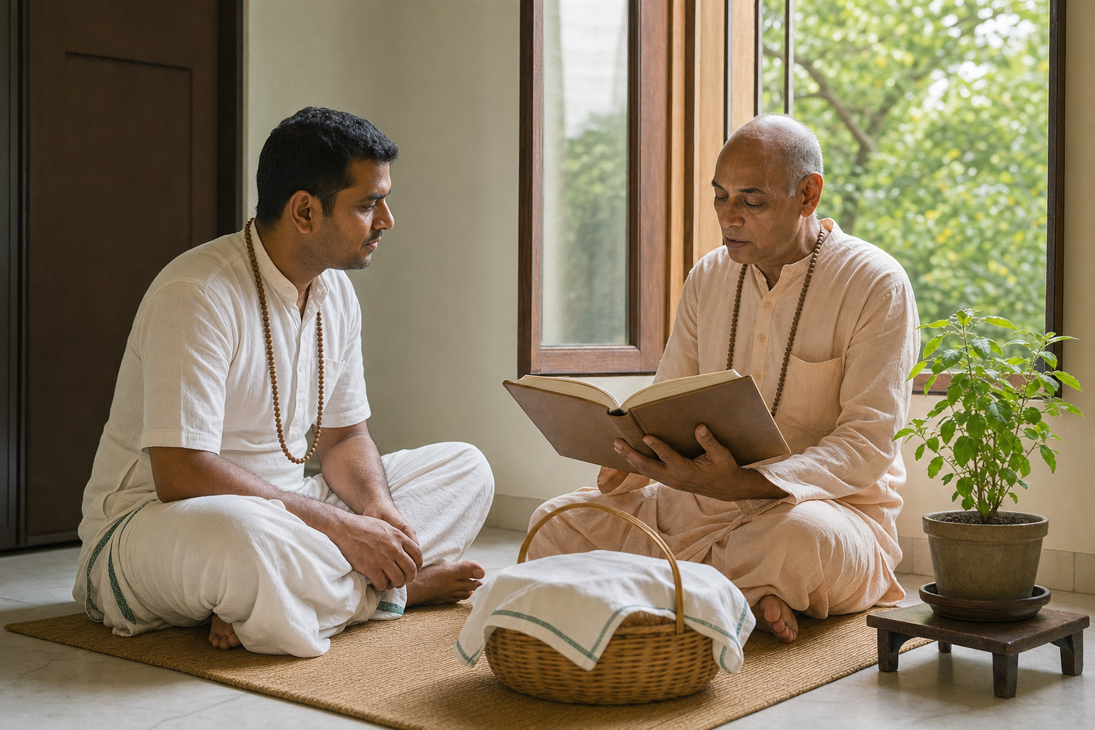 Two devotees sit together for devotional reading while prayer beads, a tulasi plant, and a covered food basket rest nearby.