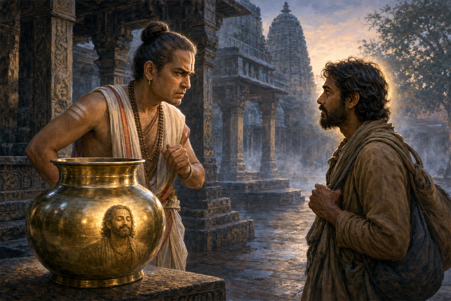 A Brahmin confronts a quiet traveler in a temple courtyard while a brass vessel reflects the traveler's subtle divine radiance.