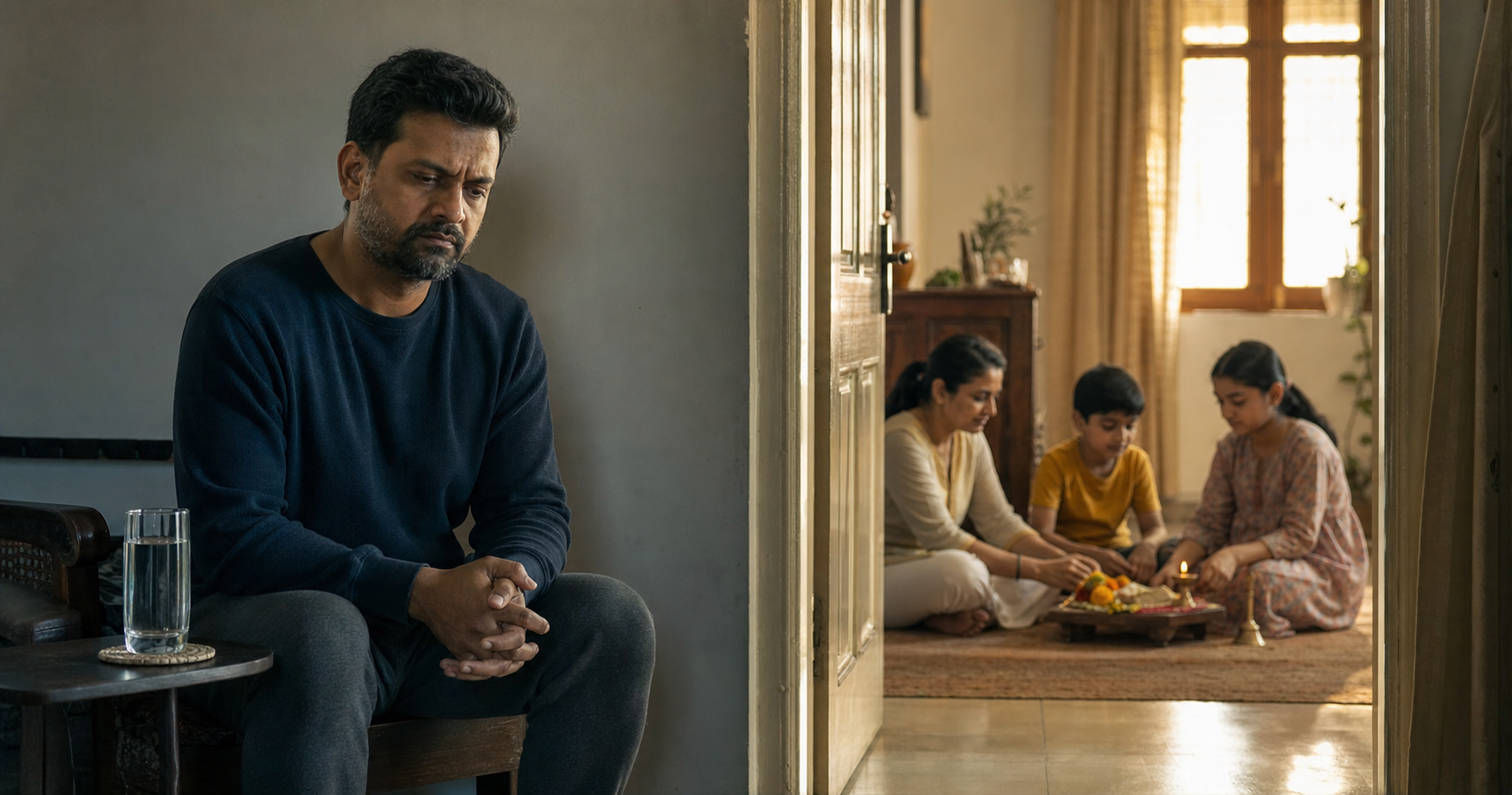 A tense fasting practitioner sits in shadow while family members prepare a simple offering together in a warmly lit adjoining room.