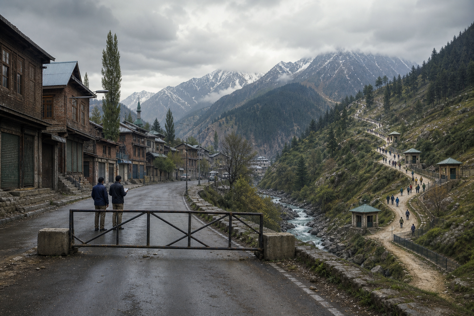 Conceptual scene showing a secured town road in the foreground and a separate mountain pilgrimage route continuing in the distance.