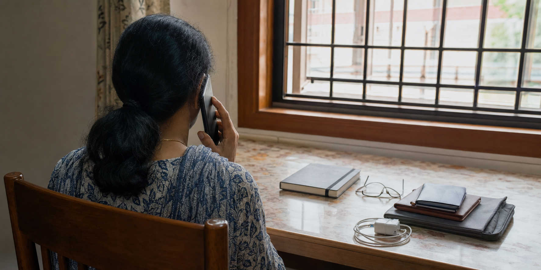 A family member checks a smartphone beside a notebook and travel items in a softly lit home.