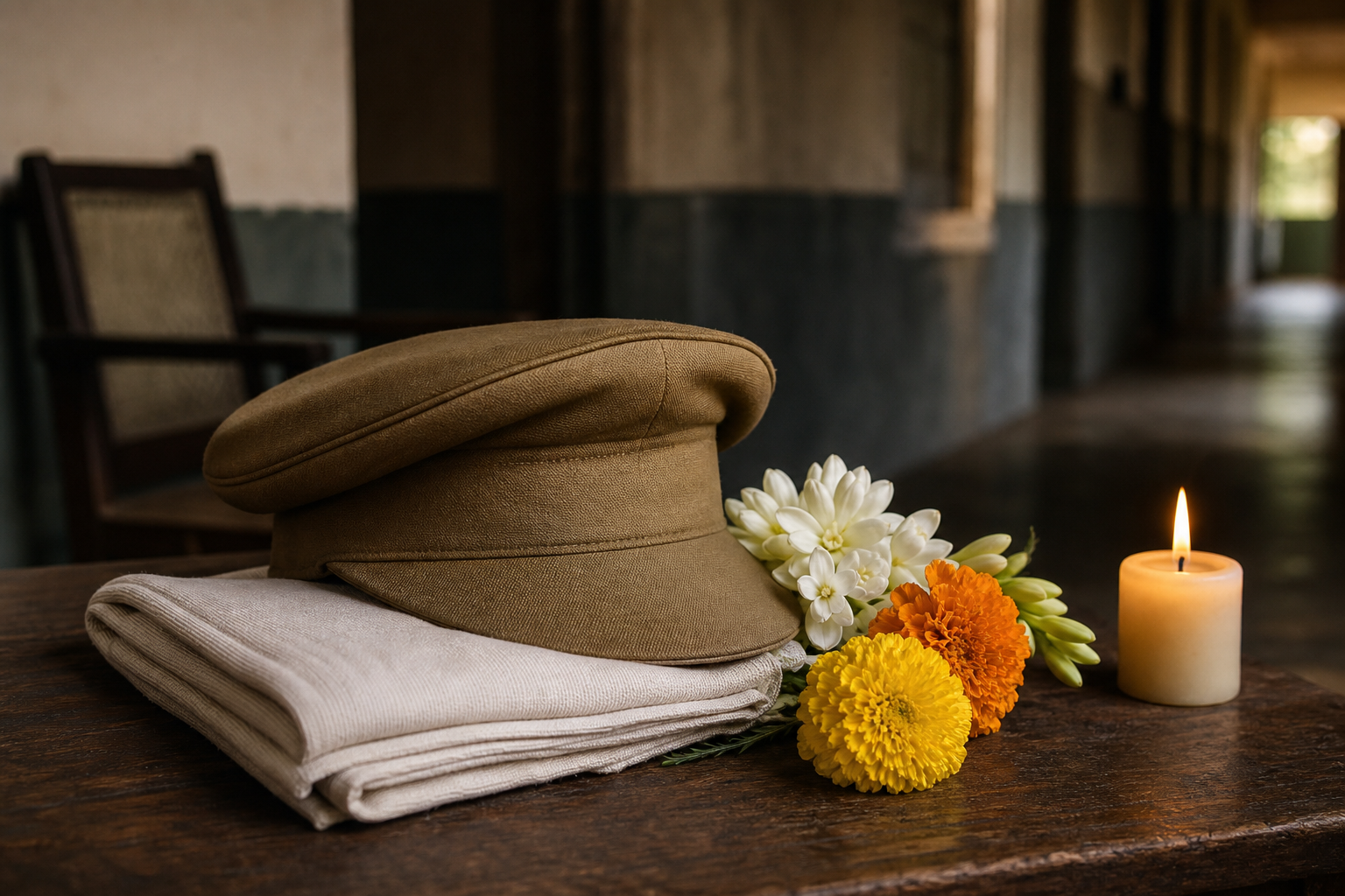 An unmarked khaki service cap, flowers, and a candle form a solemn memorial still life beside an empty chair.
