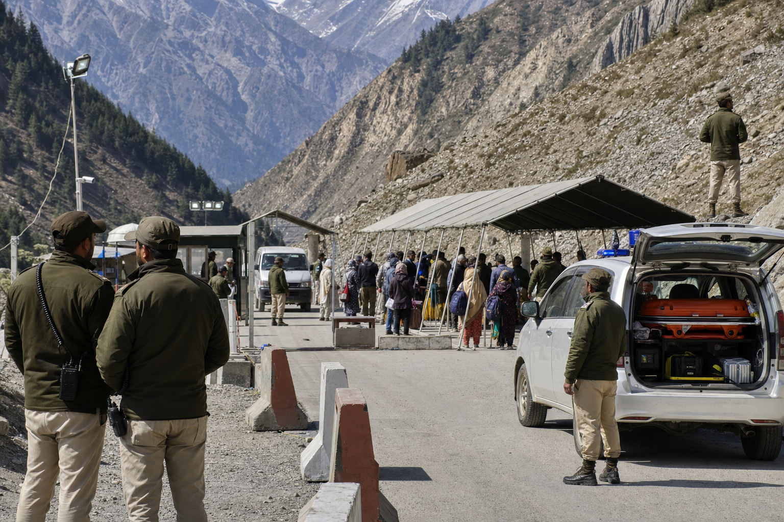 Security personnel coordinate across several checkpoint layers at a mountain pilgrimage transit area while travelers wait nearby.