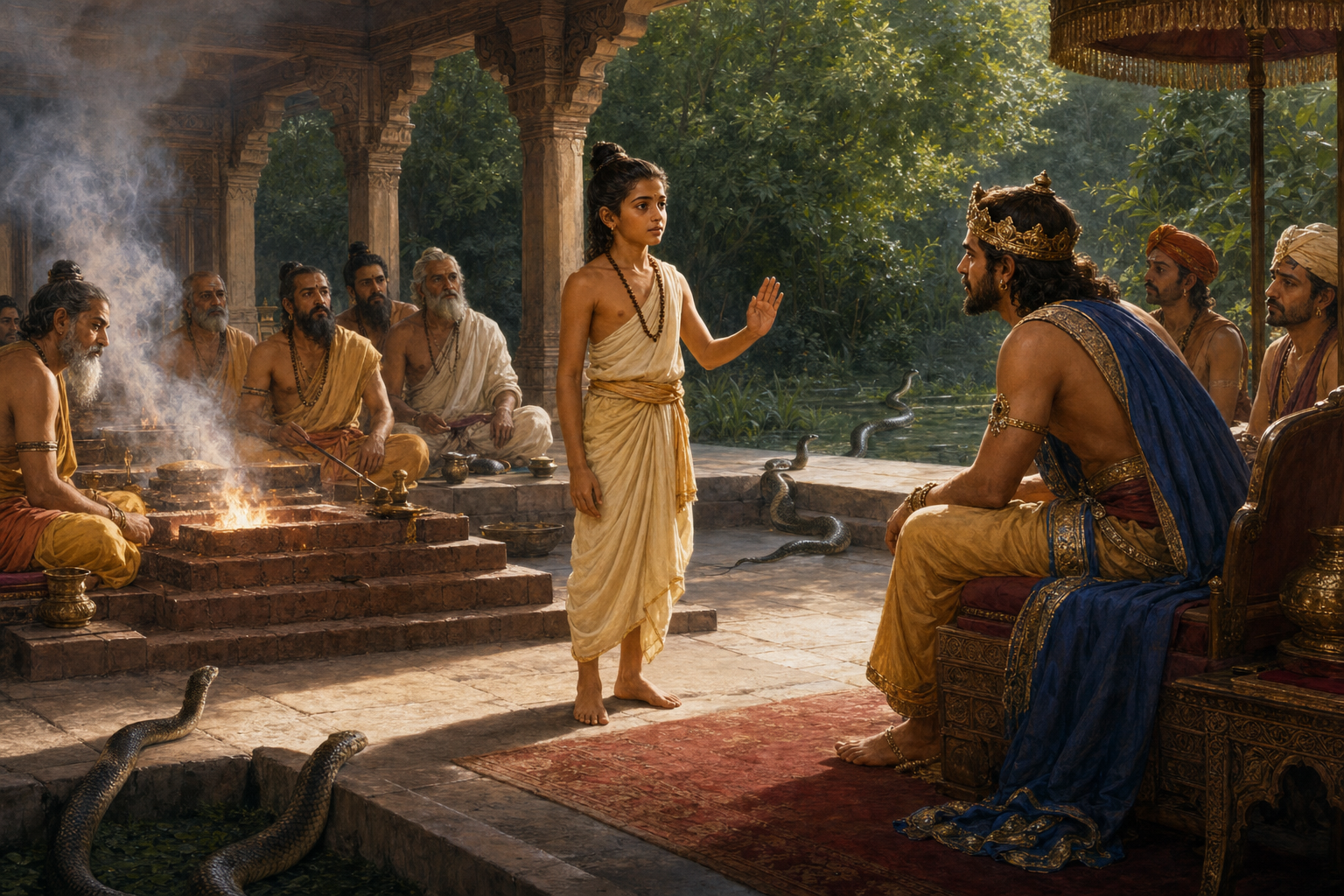 Astika raises a peaceful hand before King Janamejaya as priests pause beside the serpent sacrifice fire and snakes move toward safety.