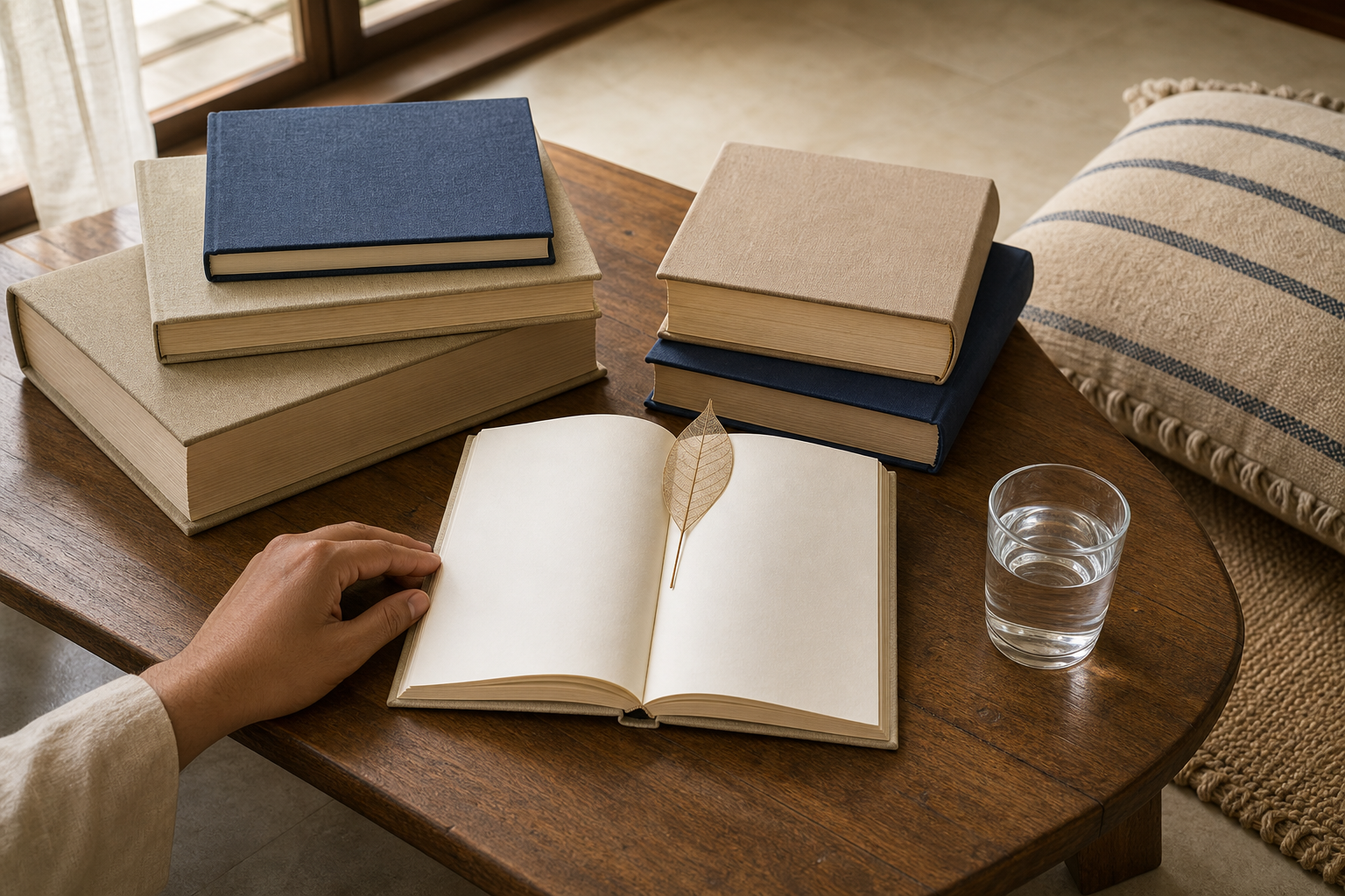 A reader selects one slim, bookmarked volume from several blank-covered books arranged on a low wooden table.