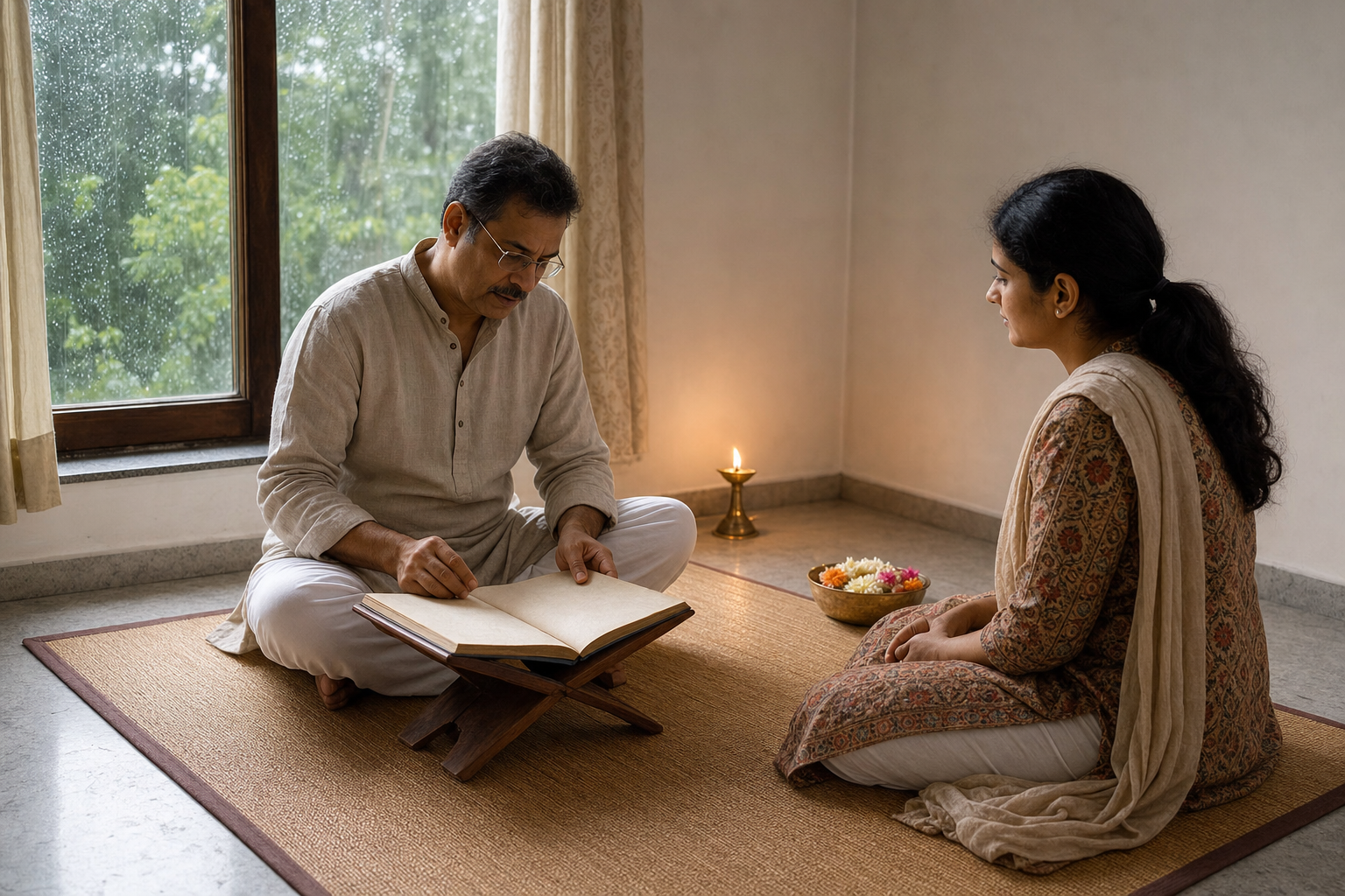One family member reads from an open book on a low stand while another listens in a quiet, simply arranged room.