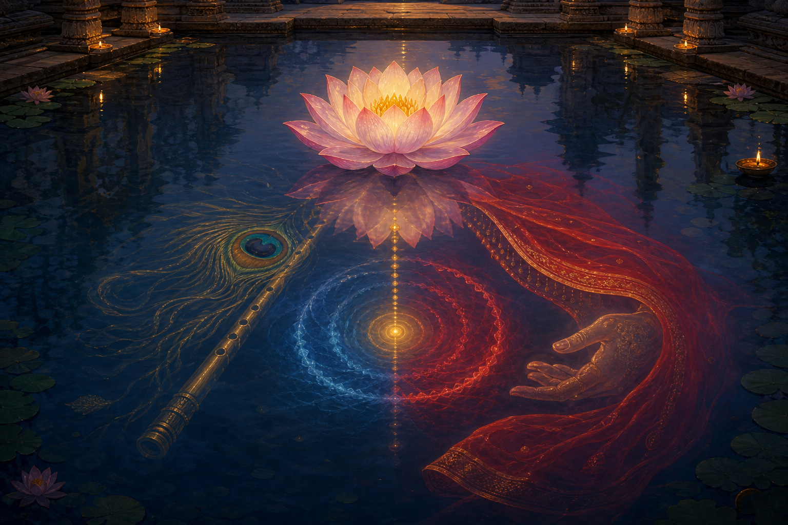 One glowing lotus on a still pool casts reflections of a flute and peacock feather, a red veil and hand, and joined blue and crimson light.