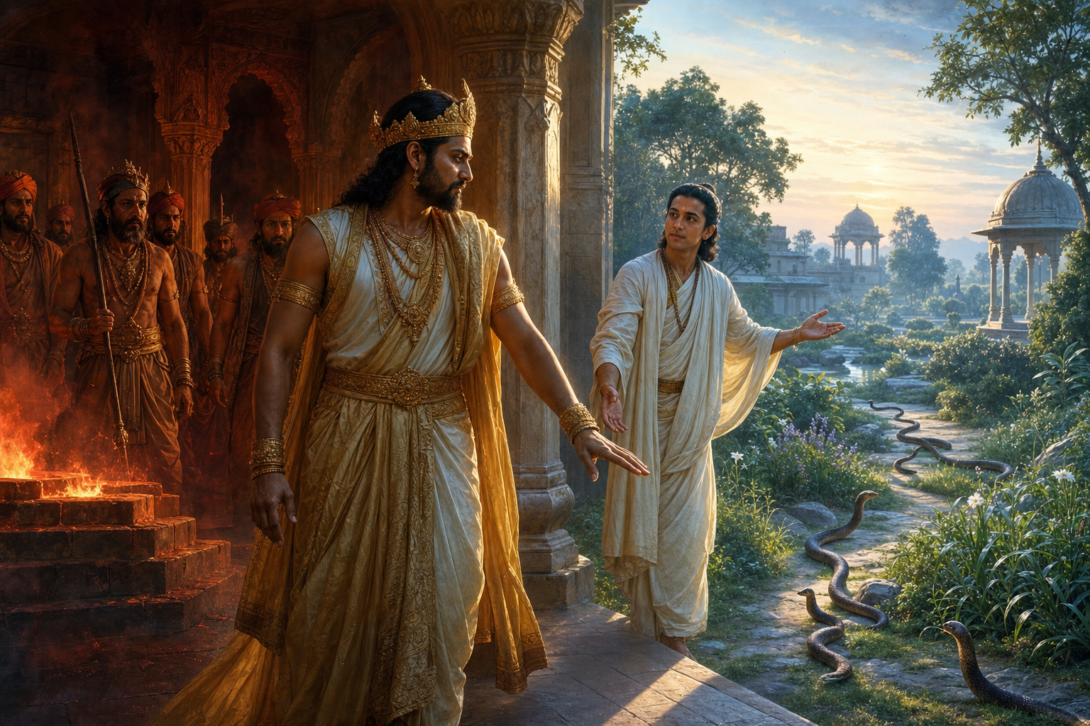 King Janamejaya lowers his hand and turns from the fire altar toward Astika and a garden where serpents move to safety.