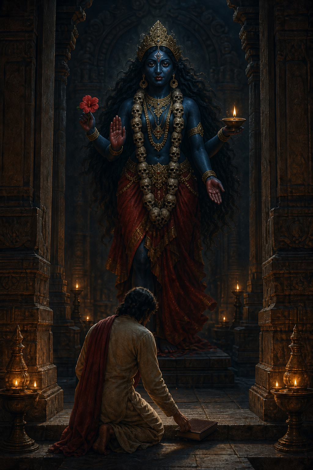 A kneeling seeker lowers a closed book at the threshold of a lamp-lit temple sanctum where a four-armed image of Mother Kali appears.