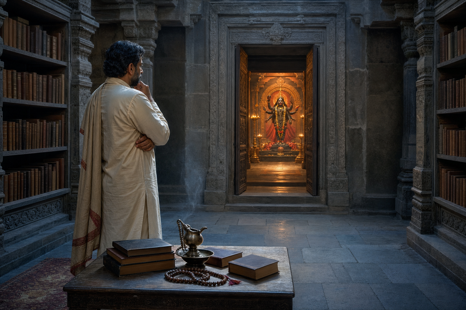 A scholar stands between a table of closed books and a distant illuminated shrine of Mother Kali seen through a temple doorway.