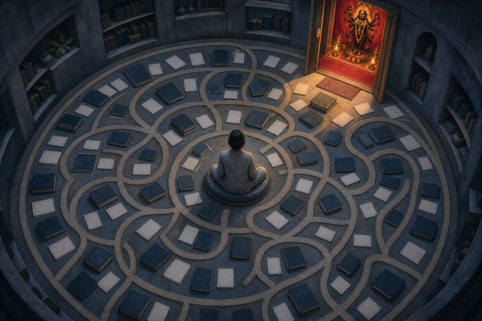 A seated seeker is surrounded by circular paths of closed books and blank pages while an open doorway to a Kali shrine glows nearby.