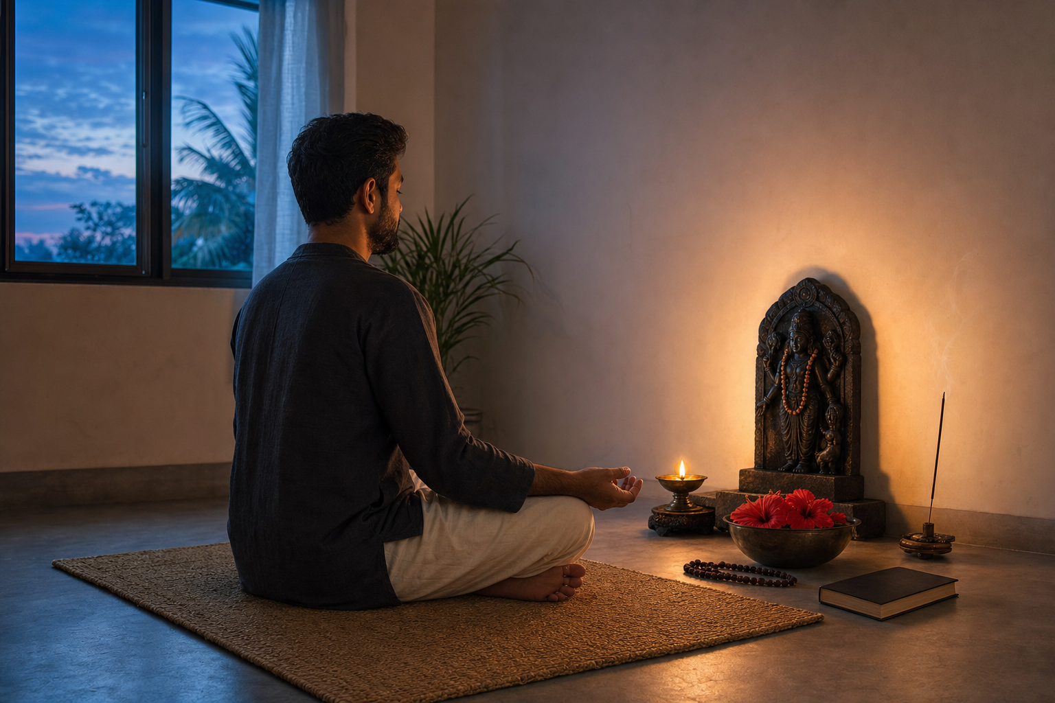 A practitioner sits calmly on a woven mat before a small Mother Kali altar with an oil lamp, hibiscus flowers, incense, prayer beads, and a closed book.