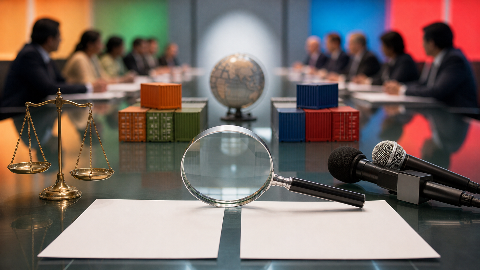 A magnifying lens, blank dispatch sheets, a brass balance, and microphones sit before a blurred international trade meeting.