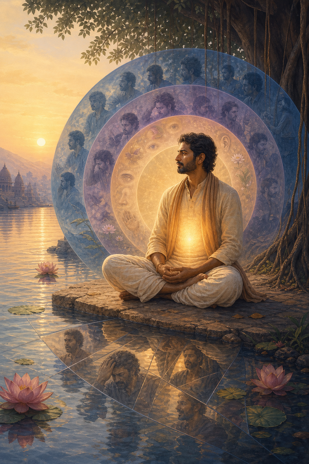 A seated seeker observes translucent layers and fragmented reflections representing the body, senses, mind, and social roles beside a river at dawn.