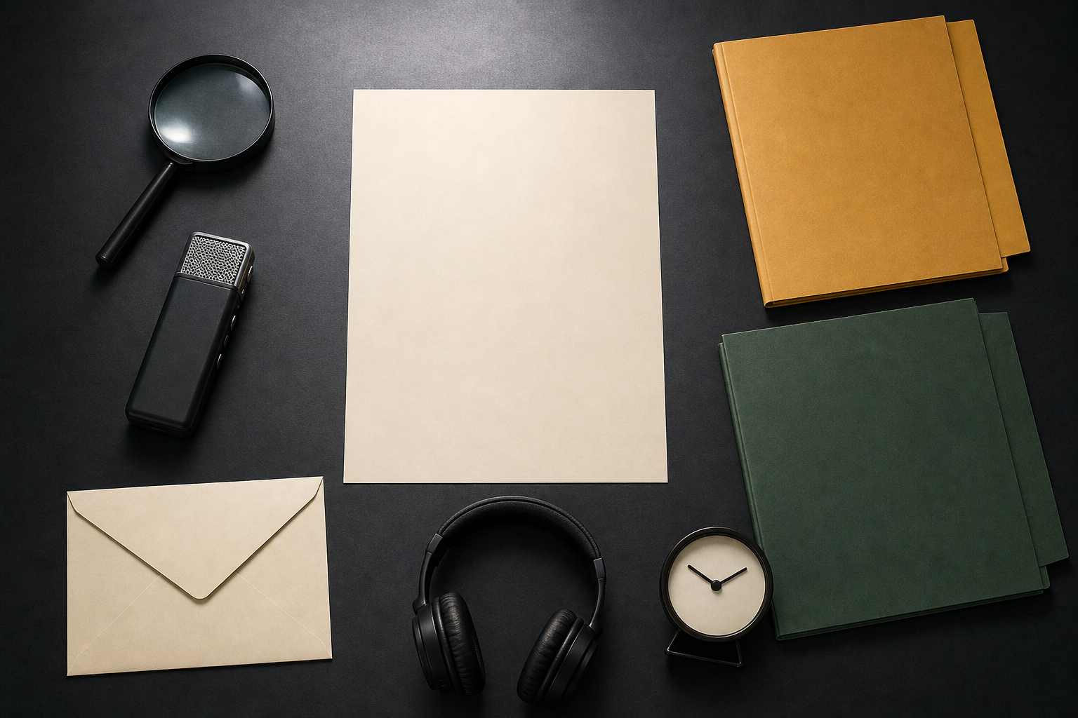 A blank sheet is surrounded by a magnifying glass, recorder, folders, envelope, headphones, and a plain desk clock.