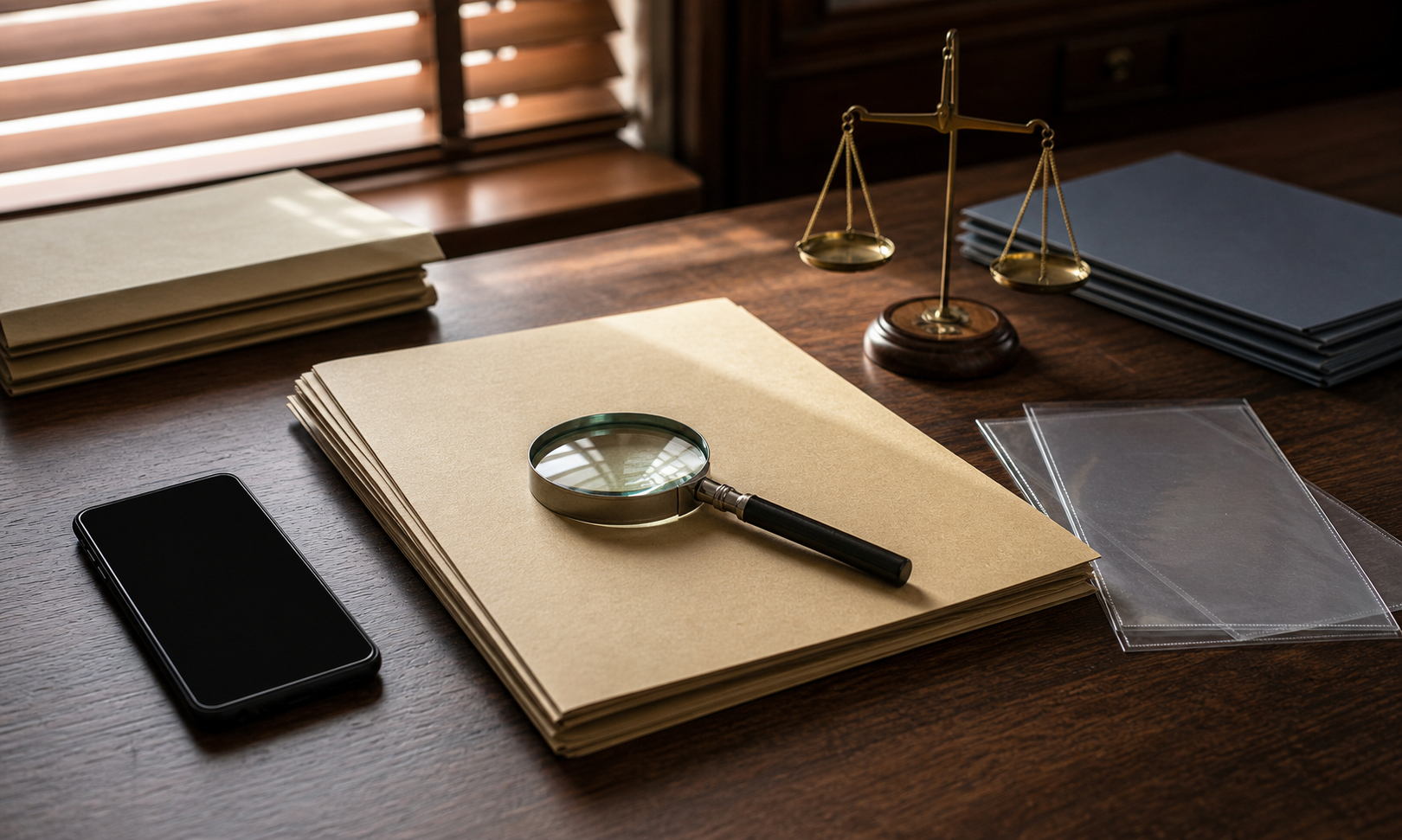 Unmarked folders, a smartphone, evidence sleeves, a magnifying glass, and a balanced scale are arranged on a legal office desk.