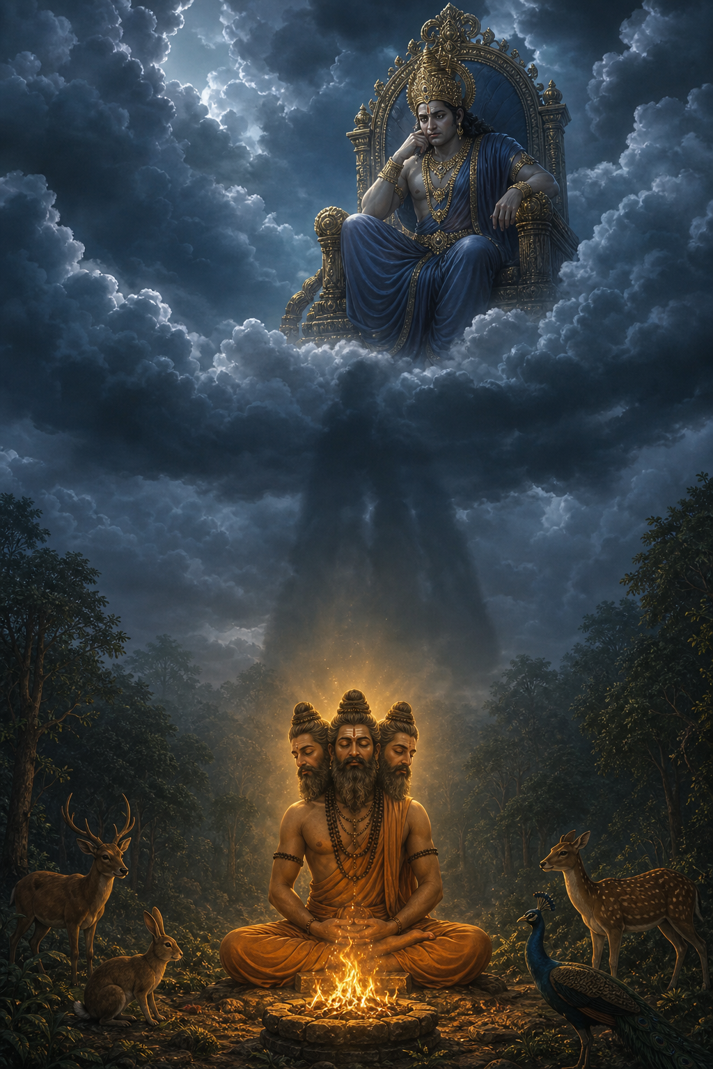 A celestial ruler watches uneasily from storm clouds as the three-headed ascetic Trishira meditates beside a forest fire altar.