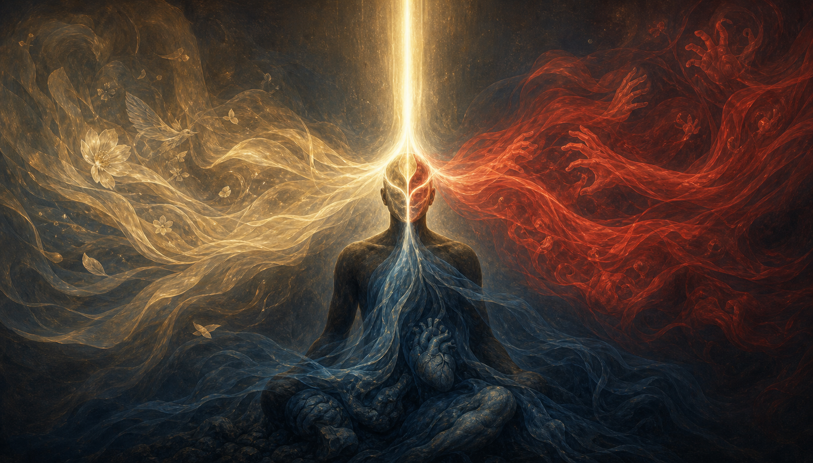 Three differently colored currents surround a human silhouette and converge into a mask-like shape over the face.