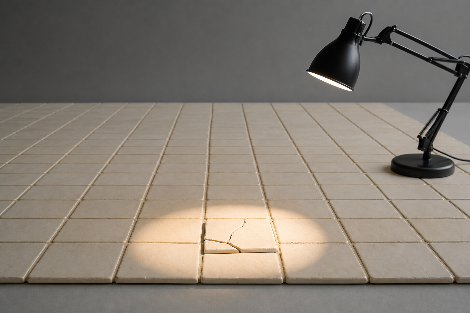 One cracked ceramic tile sits slightly out of place within a large grid of intact ivory tiles.